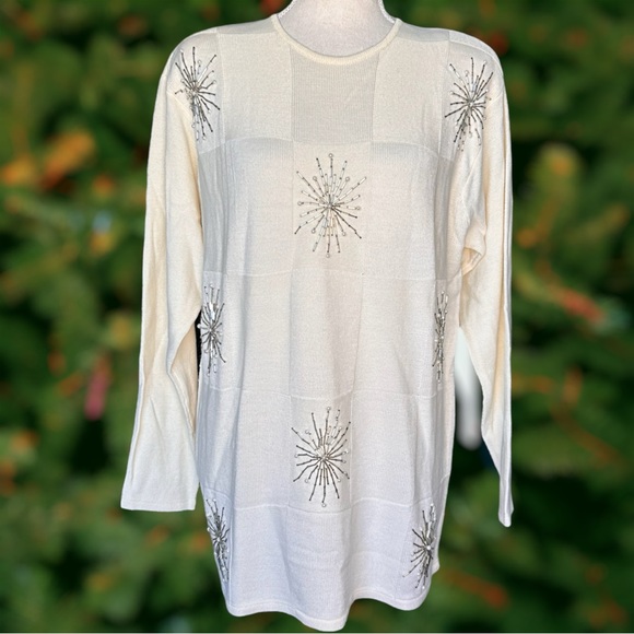 NWT Liz Claiborne Wool Acrylic Beaded Snowflake Cream Ecru Sweater Size Medium - Picture 1 of 16